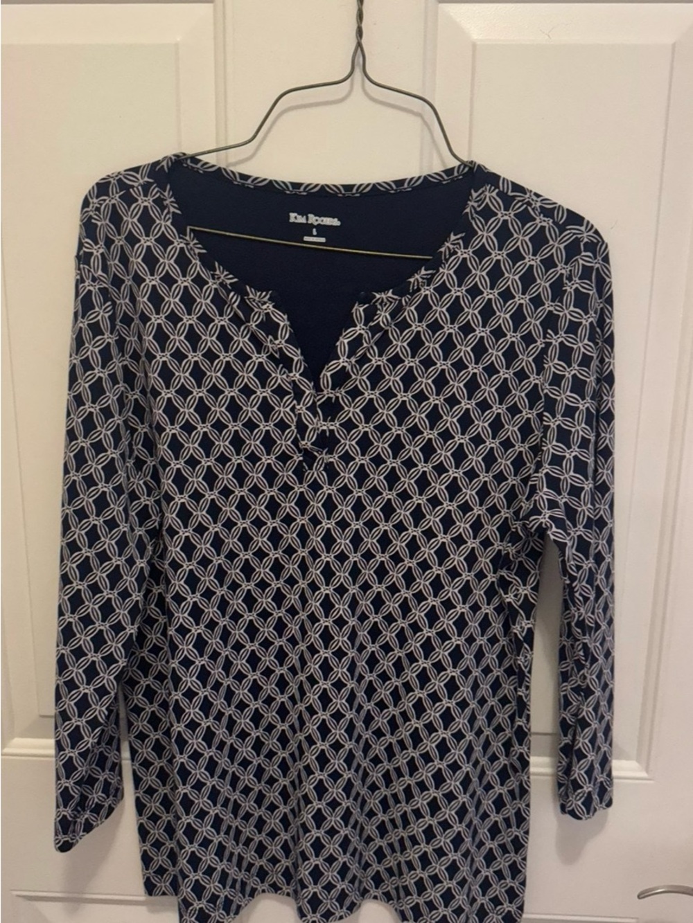 Kim Rogers Navy and White Interlocking Geometric Long-Sleeve Top
